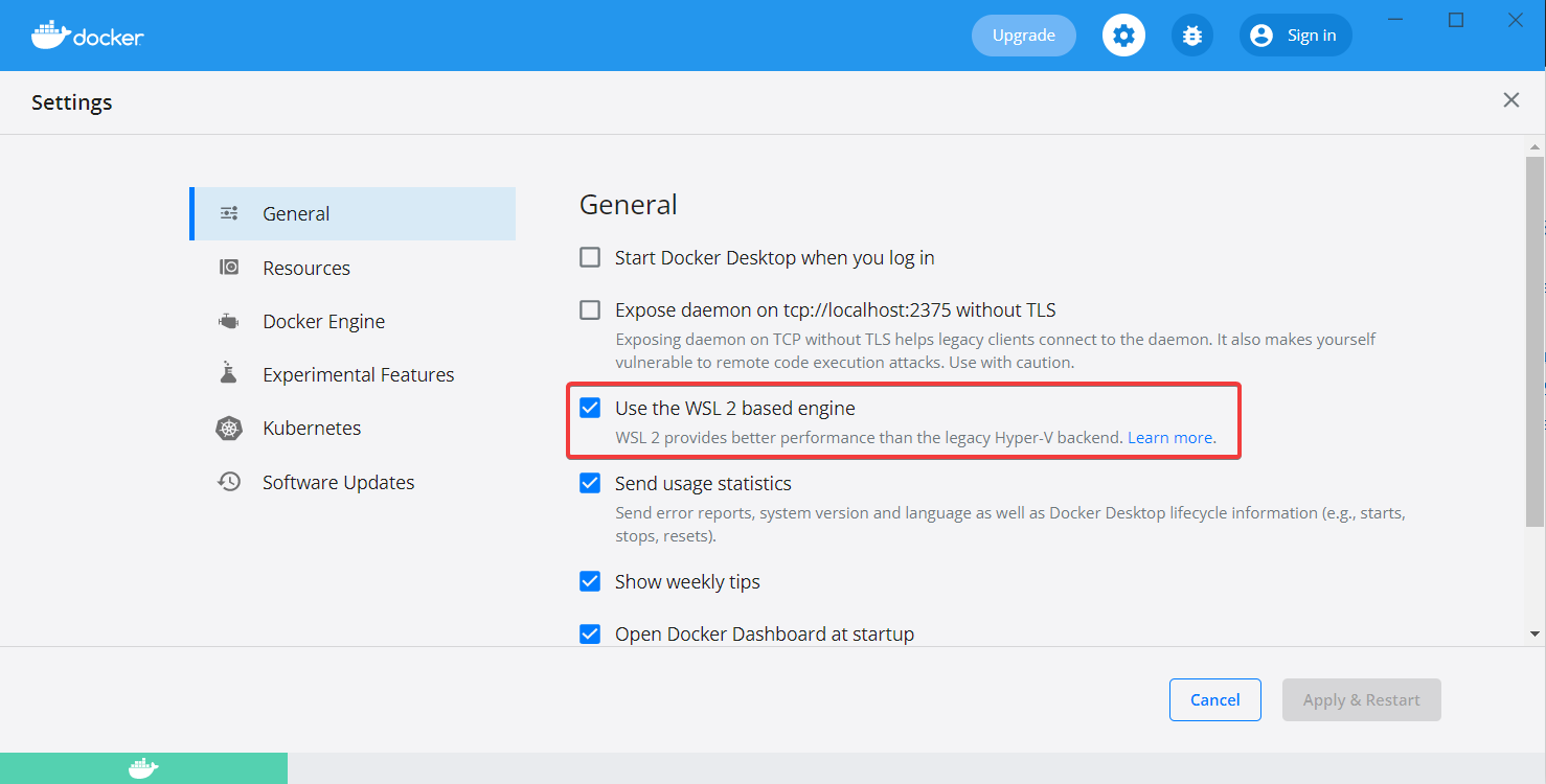 Настройки Docker Desktop, вкладка General
