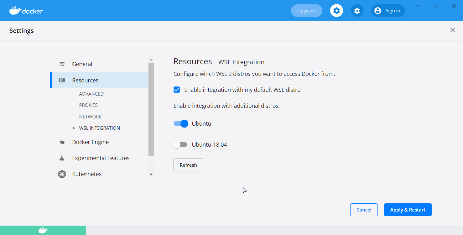 Настройки Docker Desktop, вкладка WSL Integration