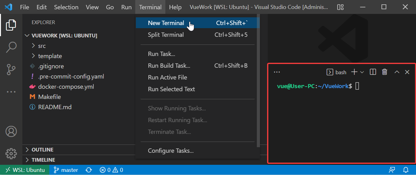 VS Code с открытым терминалом bash